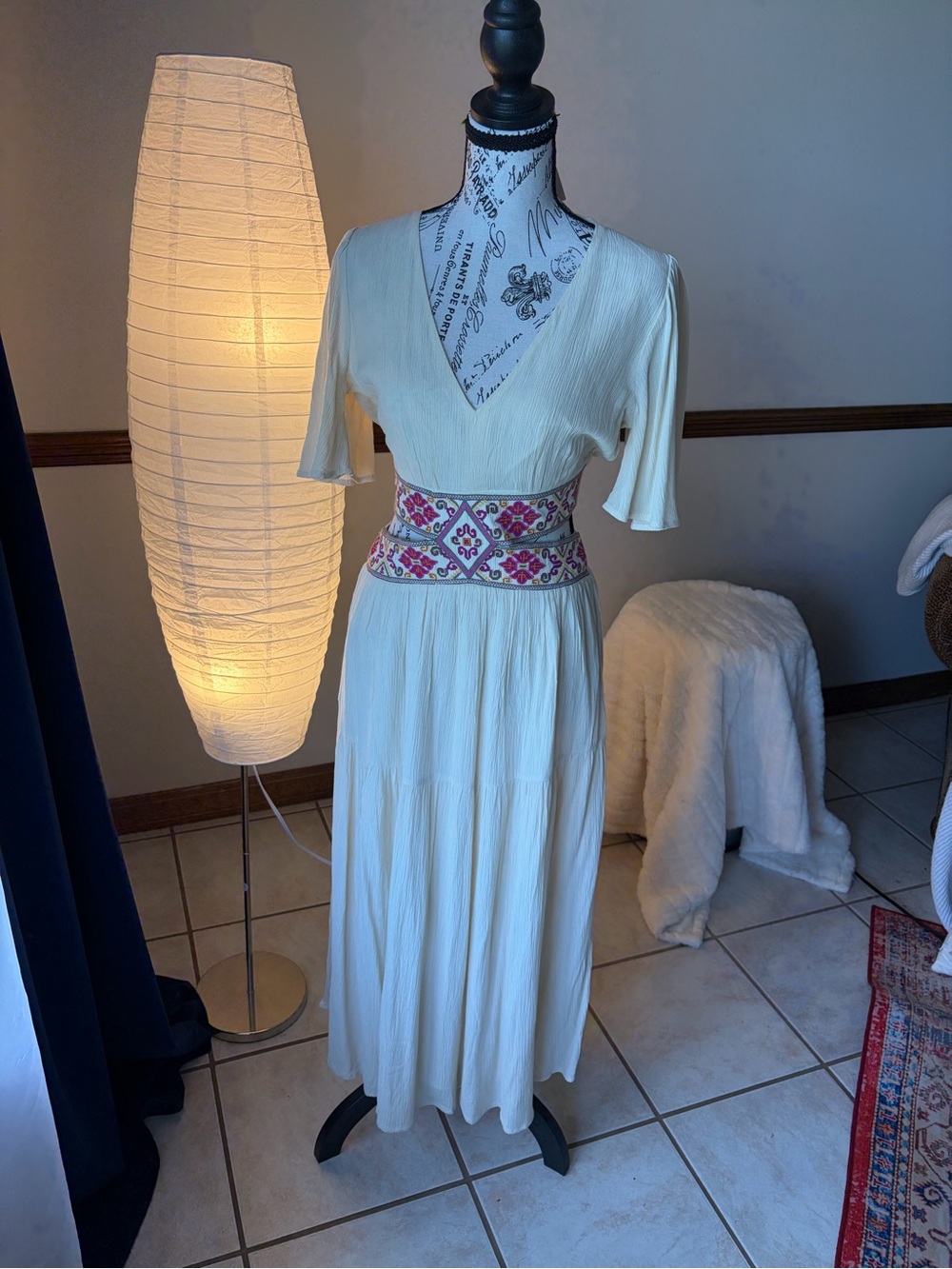 Desigual Cream V-Neck Midi Dress with Pink & Purple Embroidered Waist
